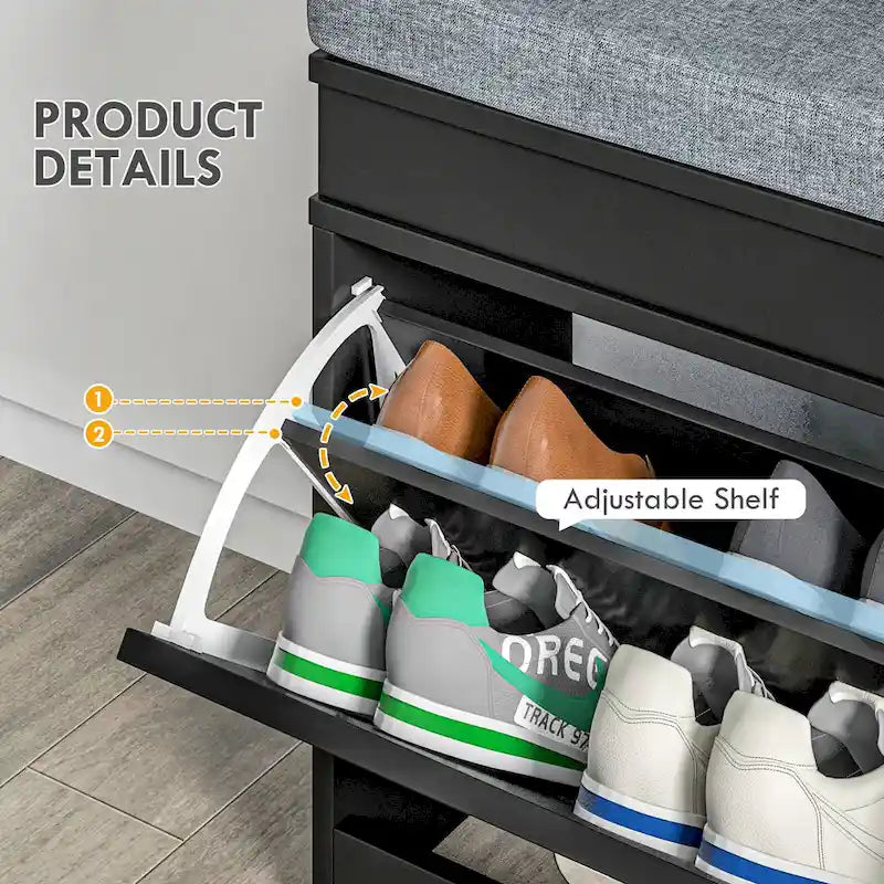 HOMCOM Shoe Rack Bench for Entryway Storage Organizer with Cushion 2 Drawers Adjustable Shelf, White - 41 x 9.5 x 21.75