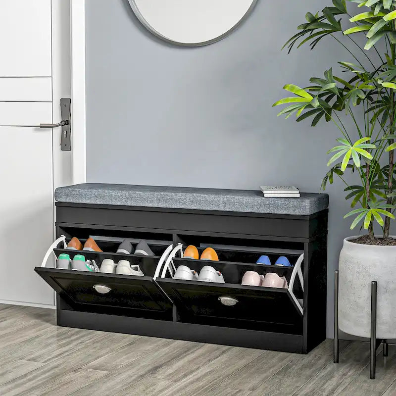 HOMCOM Shoe Rack Bench for Entryway Storage Organizer with Cushion 2 Drawers Adjustable Shelf, White - 41 x 9.5 x 21.75