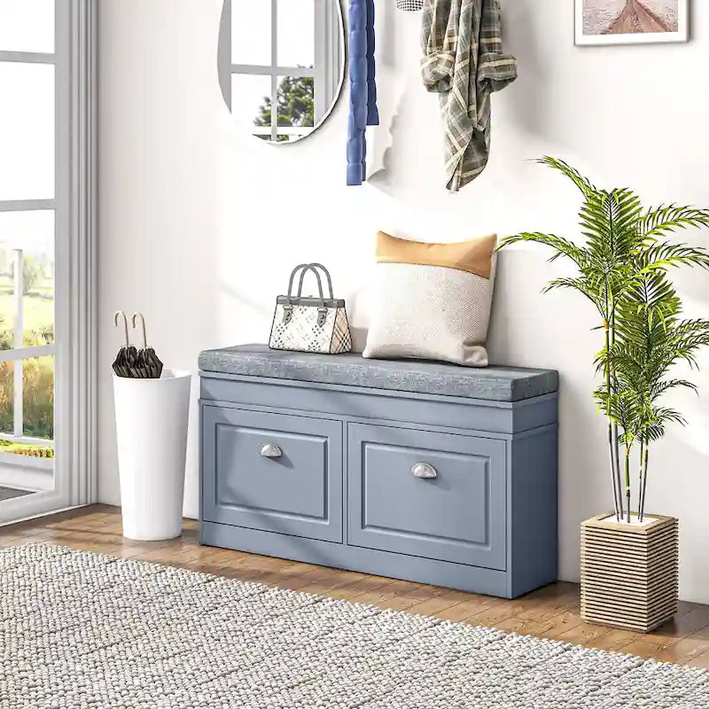 HOMCOM Shoe Rack Bench for Entryway Storage Organizer with Cushion 2 Drawers Adjustable Shelf, White - 41 x 9.5 x 21.75