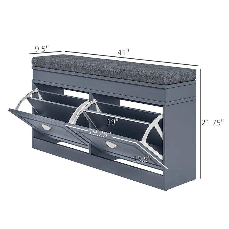 HOMCOM Shoe Rack Bench for Entryway Storage Organizer with Cushion 2 Drawers Adjustable Shelf, White - 41 x 9.5 x 21.75