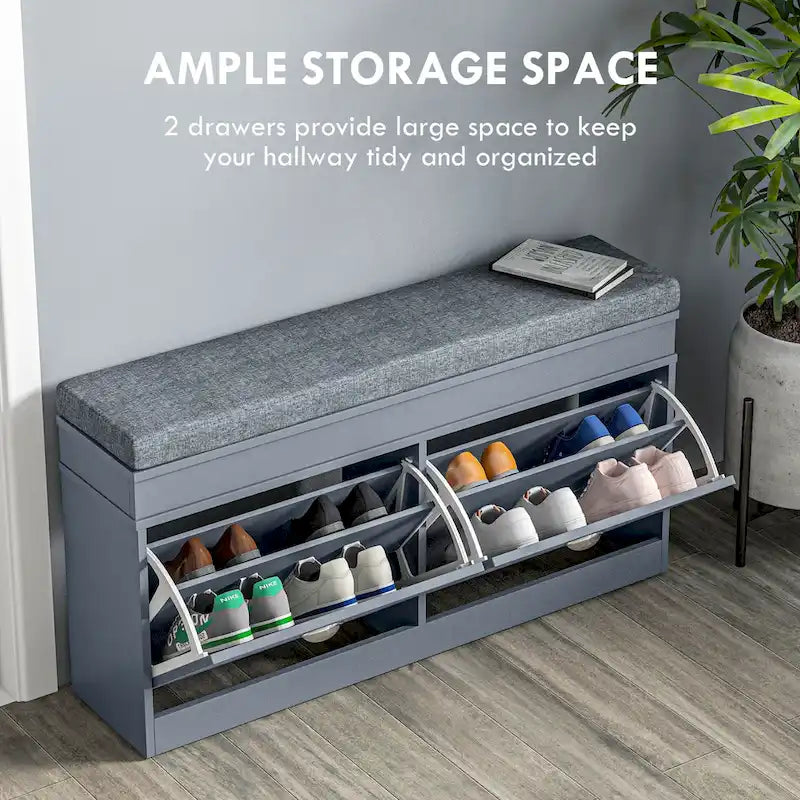 HOMCOM Shoe Rack Bench for Entryway Storage Organizer with Cushion 2 Drawers Adjustable Shelf, White - 41 x 9.5 x 21.75