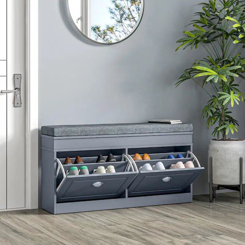 HOMCOM Shoe Rack Bench for Entryway Storage Organizer with Cushion 2 Drawers Adjustable Shelf, White - 41 x 9.5 x 21.75