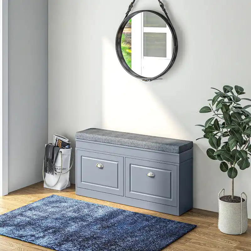 HOMCOM Shoe Rack Bench for Entryway Storage Organizer with Cushion 2 Drawers Adjustable Shelf, White - 41 x 9.5 x 21.75
