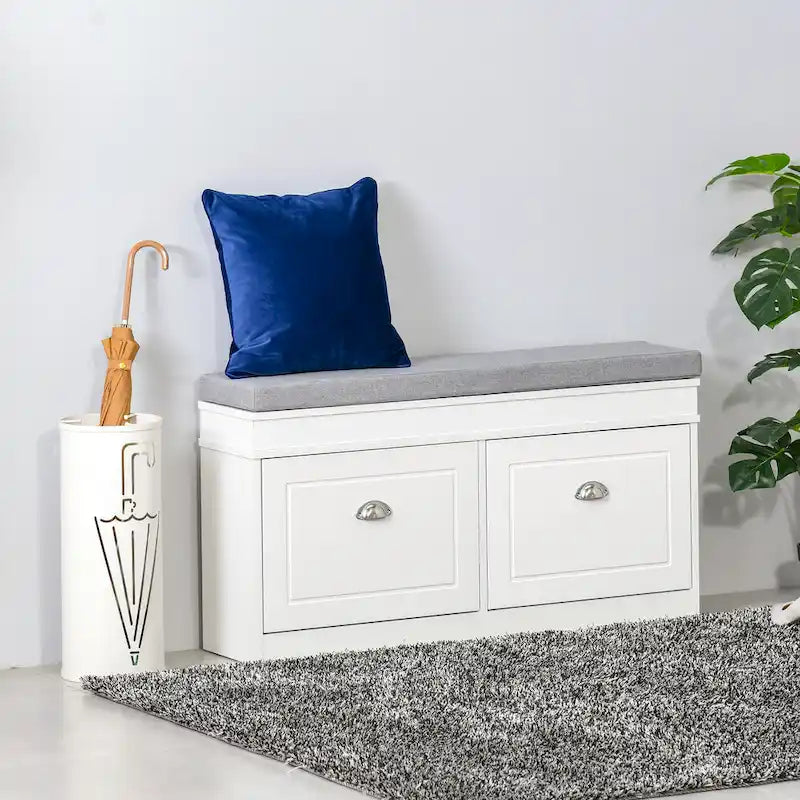 HOMCOM Shoe Rack Bench for Entryway Storage Organizer with Cushion 2 Drawers Adjustable Shelf, White - 41 x 9.5 x 21.75