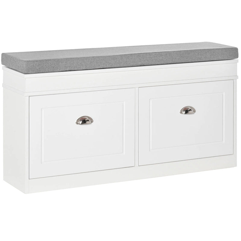 HOMCOM Shoe Rack Bench for Entryway Storage Organizer with Cushion 2 Drawers Adjustable Shelf, White - 41 x 9.5 x 21.75