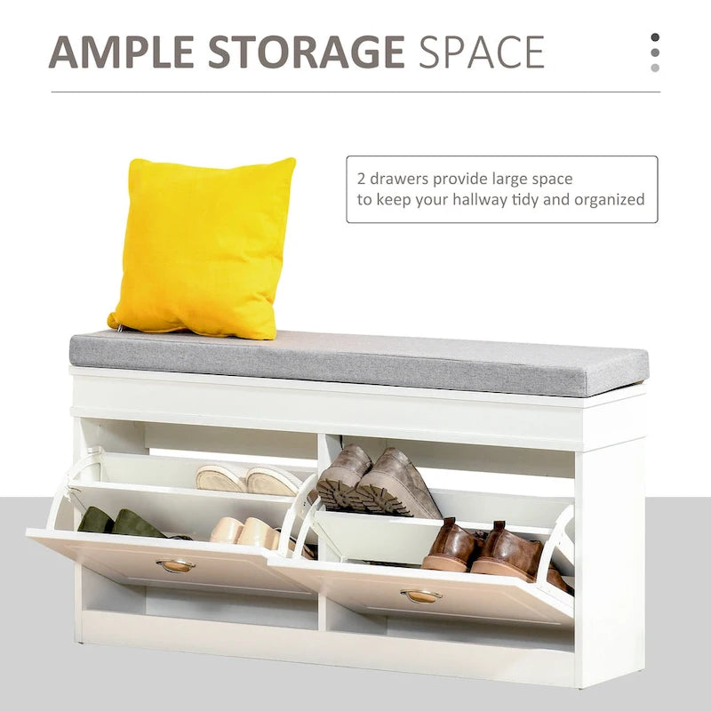 HOMCOM Shoe Rack Bench for Entryway Storage Organizer with Cushion 2 Drawers Adjustable Shelf, White - 41 x 9.5 x 21.75