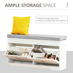HOMCOM Shoe Rack Bench for Entryway Storage Organizer with Cushion 2 Drawers Adjustable Shelf, White - 41 x 9.5 x 21.75
