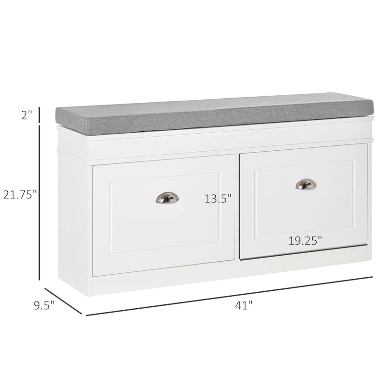HOMCOM Shoe Rack Bench for Entryway Storage Organizer with Cushion 2 Drawers Adjustable Shelf, White - 41 x 9.5 x 21.75