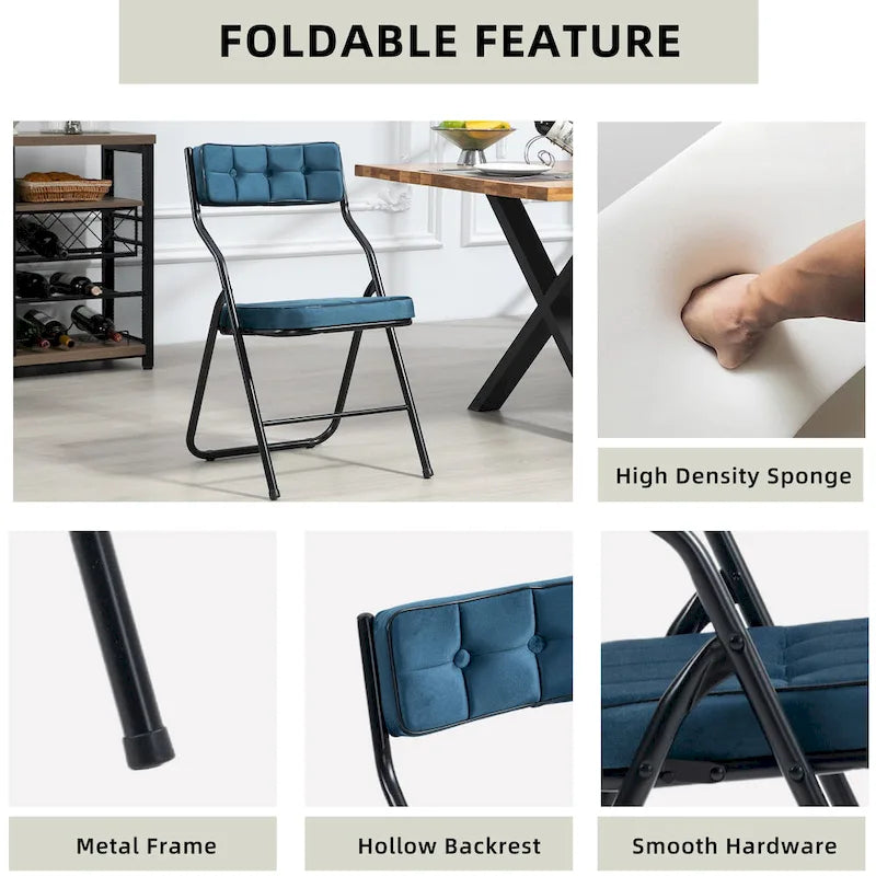 Velvet Upholstered Steel Tufted Folding Dining Chairs(set of 4)