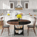 Round Dining Table with Storage Shelves for 4 Metal Legs Wood Table Top for Home Dining Room Living Room, Rustic Brown Black