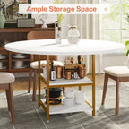 Round Dining Table with Storage Shelves for 4 Metal Legs Wood Table Top for Home Dining Room Living Room, Rustic Brown Black