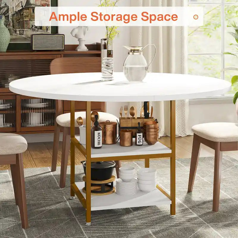 Round Dining Table with Storage Shelves for 4 Metal Legs Wood Table Top for Home Dining Room Living Room, Rustic Brown Black