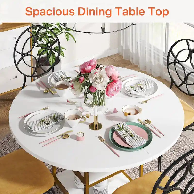 Round Dining Table with Storage Shelves for 4 Metal Legs Wood Table Top for Home Dining Room Living Room, Rustic Brown Black