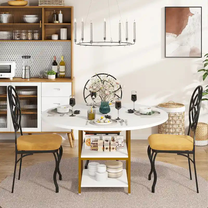 Round Dining Table with Storage Shelves for 4 Metal Legs Wood Table Top for Home Dining Room Living Room, Rustic Brown Black