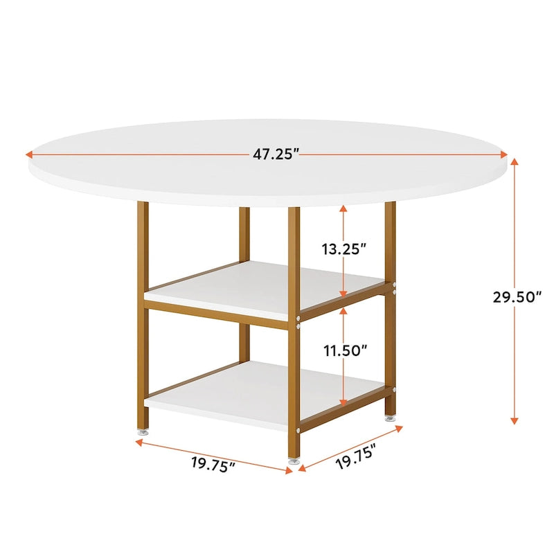 Round Dining Table with Storage Shelves for 4 Metal Legs Wood Table Top for Home Dining Room Living Room, Rustic Brown Black