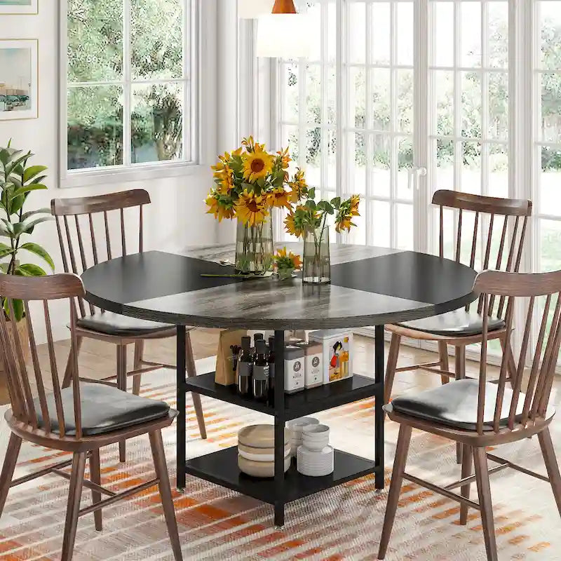 Round Dining Table with Storage Shelves for 4 Metal Legs Wood Table Top for Home Dining Room Living Room, Rustic Brown Black