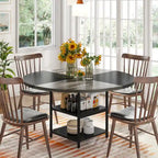 Round Dining Table with Storage Shelves for 4 Metal Legs Wood Table Top for Home Dining Room Living Room, Rustic Brown Black