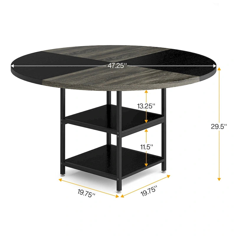 Round Dining Table with Storage Shelves for 4 Metal Legs Wood Table Top for Home Dining Room Living Room, Rustic Brown Black
