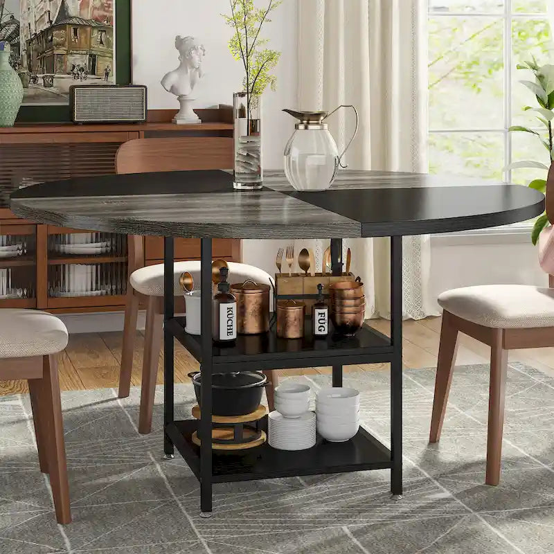 Round Dining Table with Storage Shelves for 4 Metal Legs Wood Table Top for Home Dining Room Living Room, Rustic Brown Black