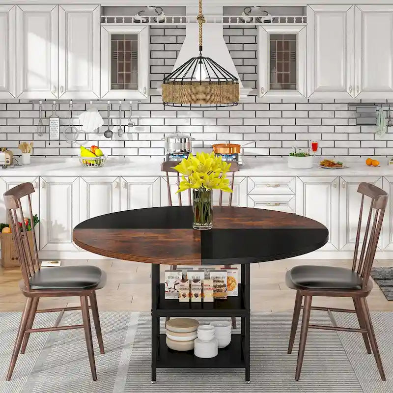 Round Dining Table with Storage Shelves for 4 Metal Legs Wood Table Top for Home Dining Room Living Room, Rustic Brown Black