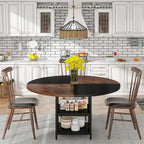 Round Dining Table with Storage Shelves for 4 Metal Legs Wood Table Top for Home Dining Room Living Room, Rustic Brown Black