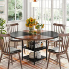 Round Dining Table with Storage Shelves for 4 Metal Legs Wood Table Top for Home Dining Room Living Room, Rustic Brown Black