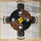 Round Dining Table with Storage Shelves for 4 Metal Legs Wood Table Top for Home Dining Room Living Room, Rustic Brown Black