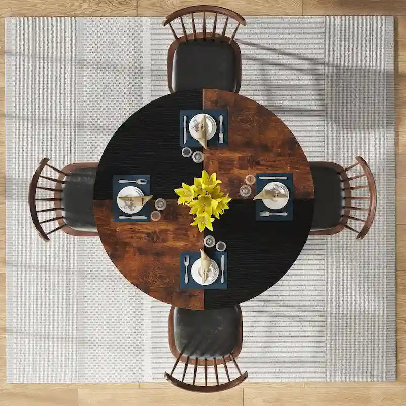 Round Dining Table with Storage Shelves for 4 Metal Legs Wood Table Top for Home Dining Room Living Room, Rustic Brown Black