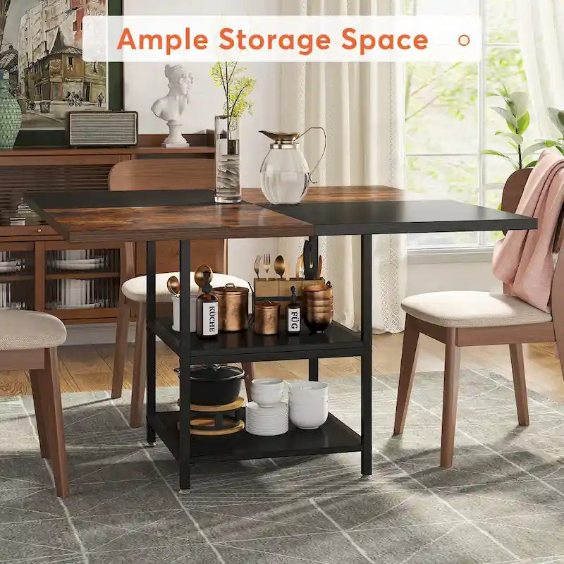 Round Dining Table with Storage Shelves for 4 Metal Legs Wood Table Top for Home Dining Room Living Room, Rustic Brown Black