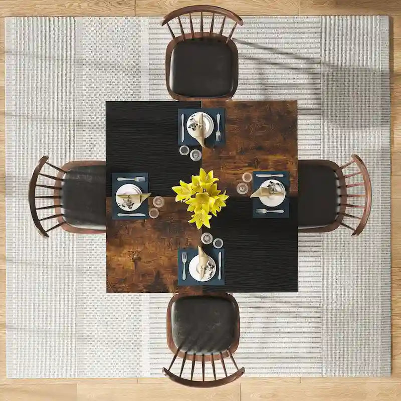 Round Dining Table with Storage Shelves for 4 Metal Legs Wood Table Top for Home Dining Room Living Room, Rustic Brown Black
