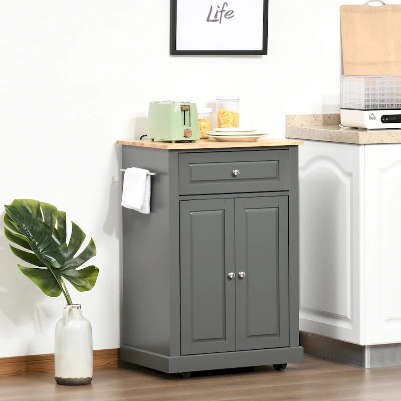 HOMCOM Rolling Kitchen Island Cart, Portable Serving Trolley Table with Drawer, Adjustable Shelf and 2 Towel Racks