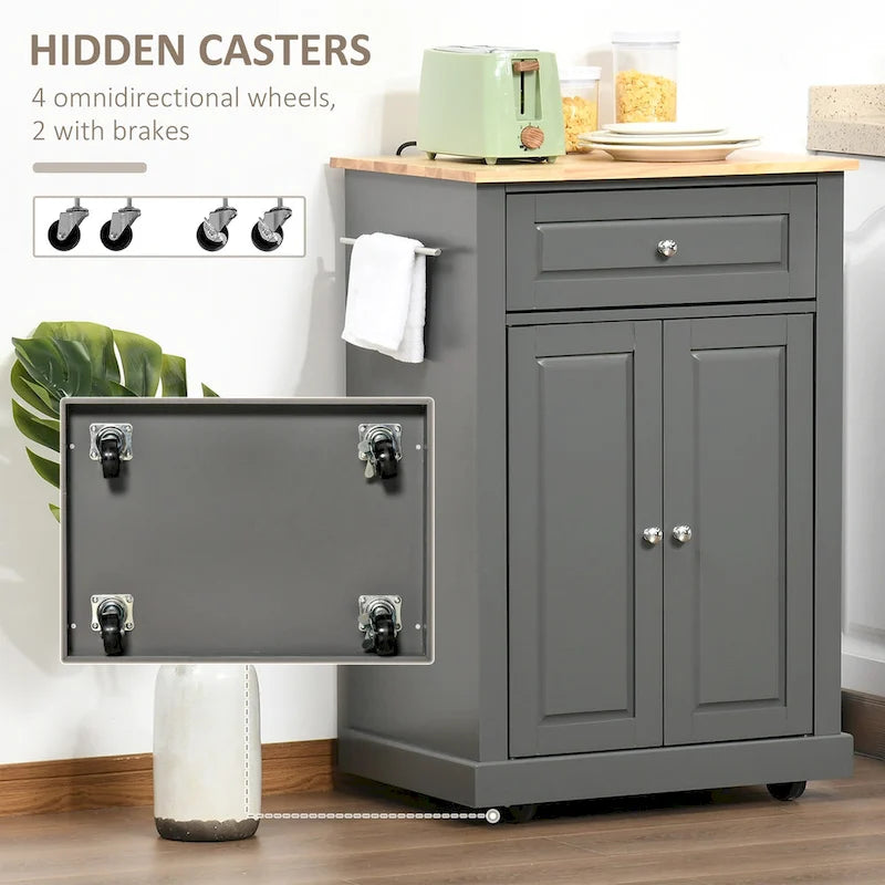 HOMCOM Rolling Kitchen Island Cart, Portable Serving Trolley Table with Drawer, Adjustable Shelf and 2 Towel Racks