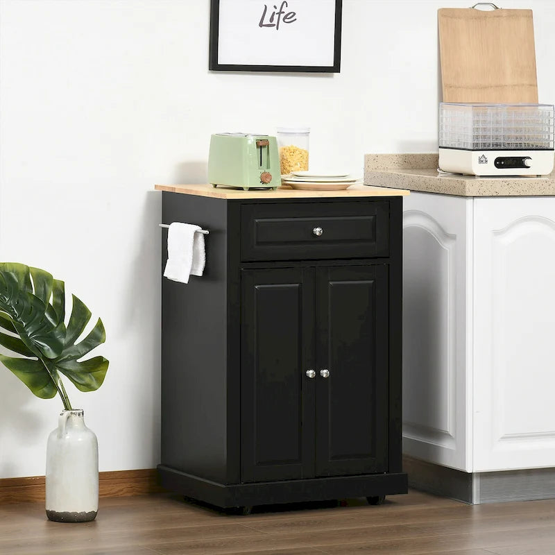 HOMCOM Rolling Kitchen Island Cart, Portable Serving Trolley Table with Drawer, Adjustable Shelf and 2 Towel Racks