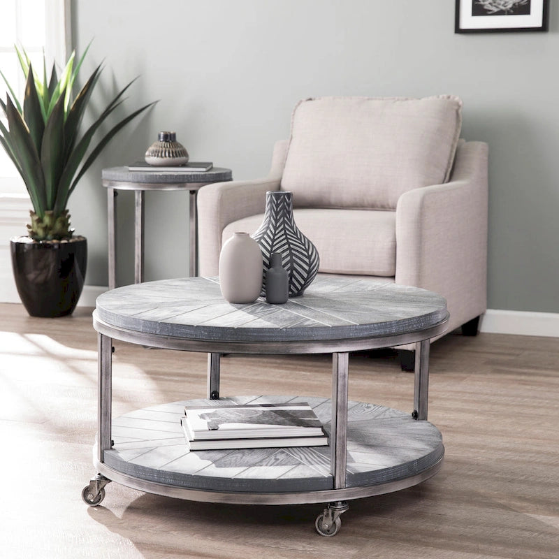 SEI Furniture Kenya Industrial Rustic Round Wood Coffee Table with Shelf