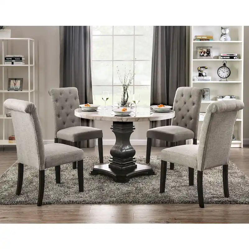Brec Farmhouse Marble Top 5-Piece Round Dining Table Set with Tufted Chairs by Furniture of America