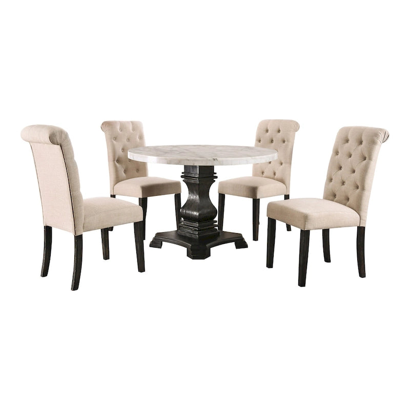 Brec Farmhouse Marble Top 5-Piece Round Dining Table Set with Tufted Chairs by Furniture of America
