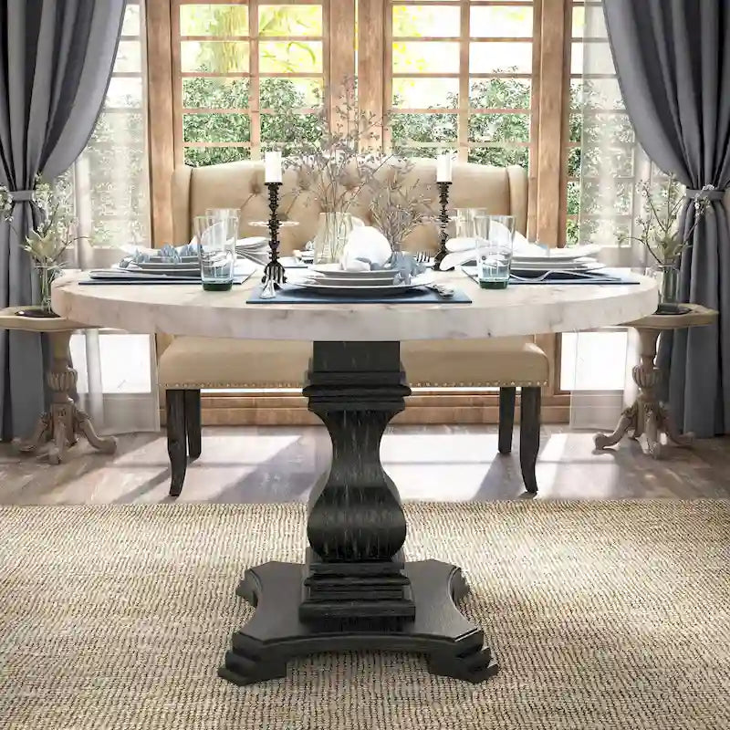 Brec Farmhouse Marble Top 5-Piece Round Dining Table Set with Tufted Chairs by Furniture of America