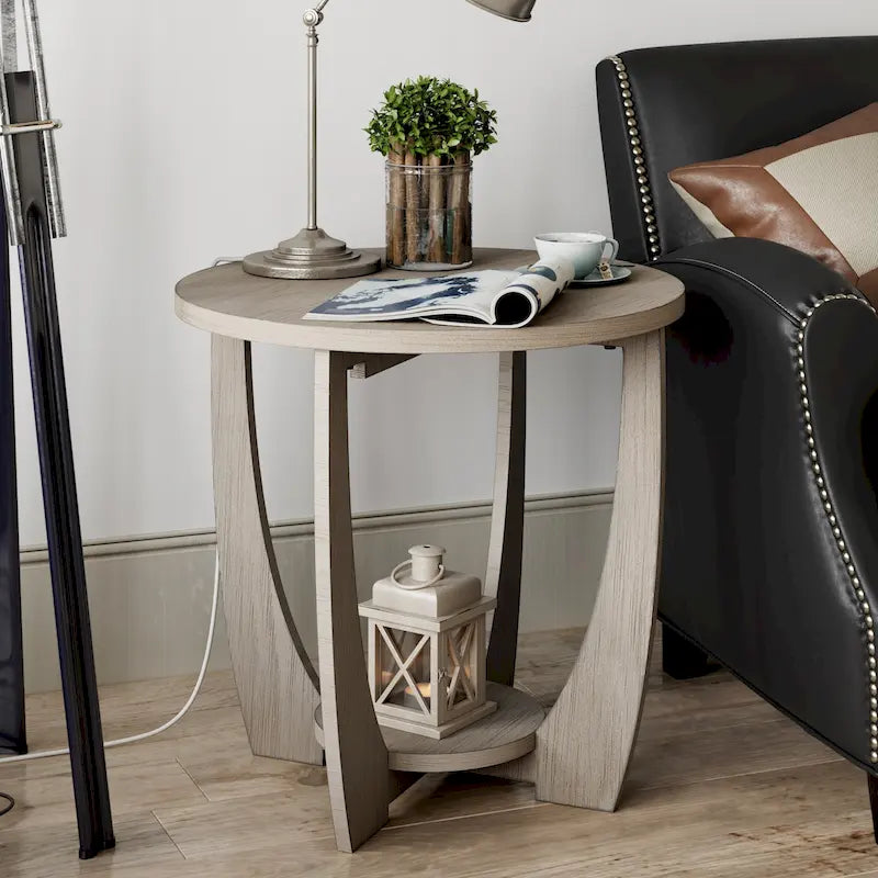 COZAYH Rustic Farmhouse End Table with Storage Shelf, French Country Accent Side Table, Round