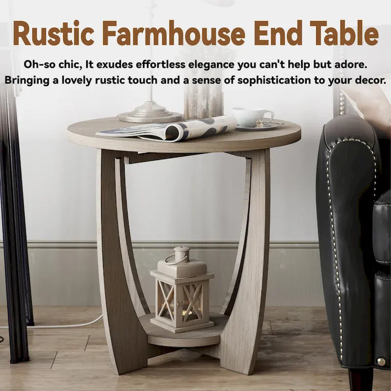 COZAYH Rustic Farmhouse End Table with Storage Shelf, French Country Accent Side Table, Round