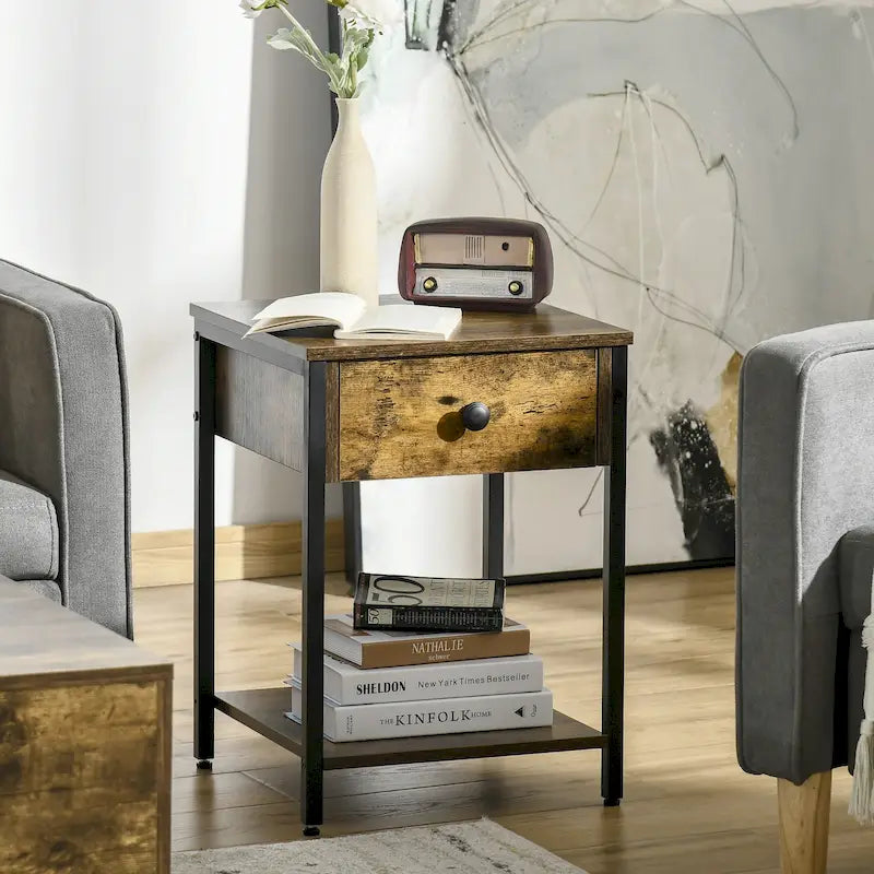 HOMCOM Industrial Side Table with Storage Shelf, Accent Table with Drawer for Living Room, or Bedroom, Rustic Brown