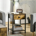HOMCOM Industrial Side Table with Storage Shelf, Accent Table with Drawer for Living Room, or Bedroom, Rustic Brown