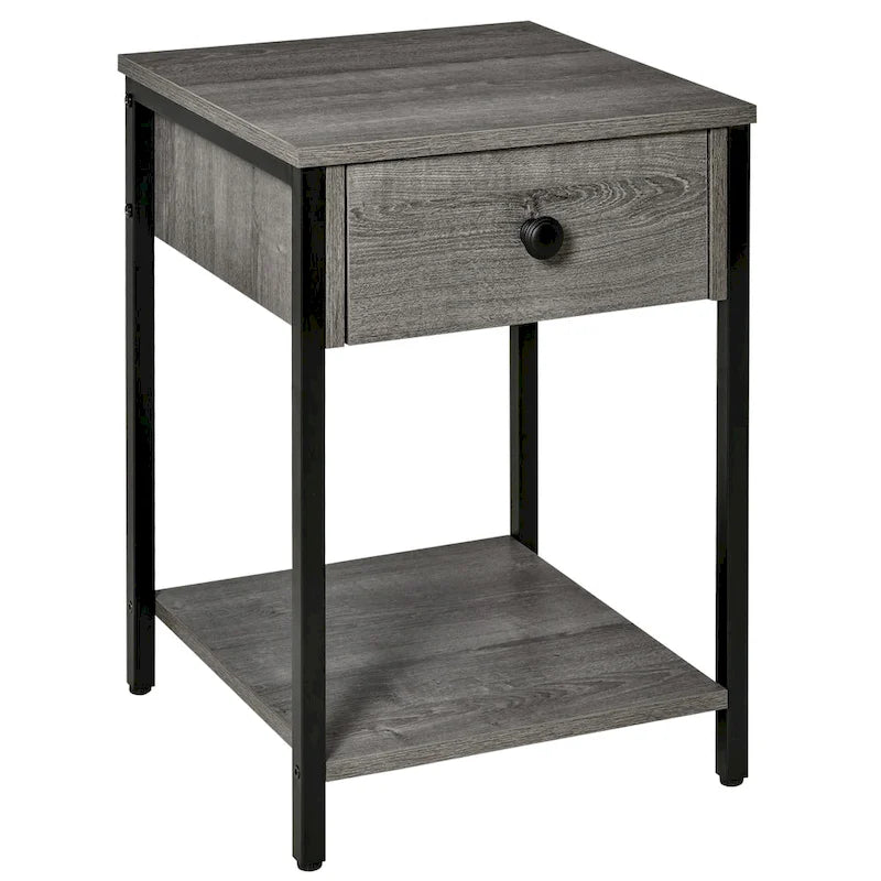 HOMCOM Industrial Side Table with Storage Shelf, Accent Table with Drawer for Living Room, or Bedroom, Rustic Brown
