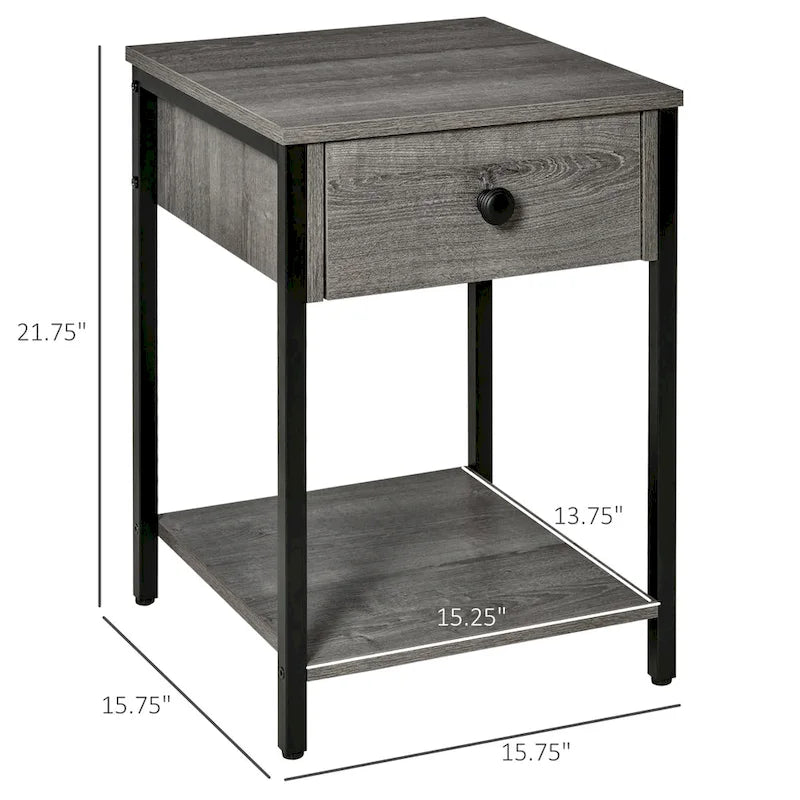HOMCOM Industrial Side Table with Storage Shelf, Accent Table with Drawer for Living Room, or Bedroom, Rustic Brown