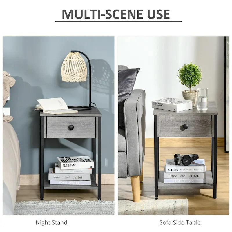 HOMCOM Industrial Side Table with Storage Shelf, Accent Table with Drawer for Living Room, or Bedroom, Rustic Brown