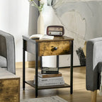 HOMCOM Industrial Side Table with Storage Shelf, Accent Table with Drawer for Living Room, or Bedroom, Rustic Brown