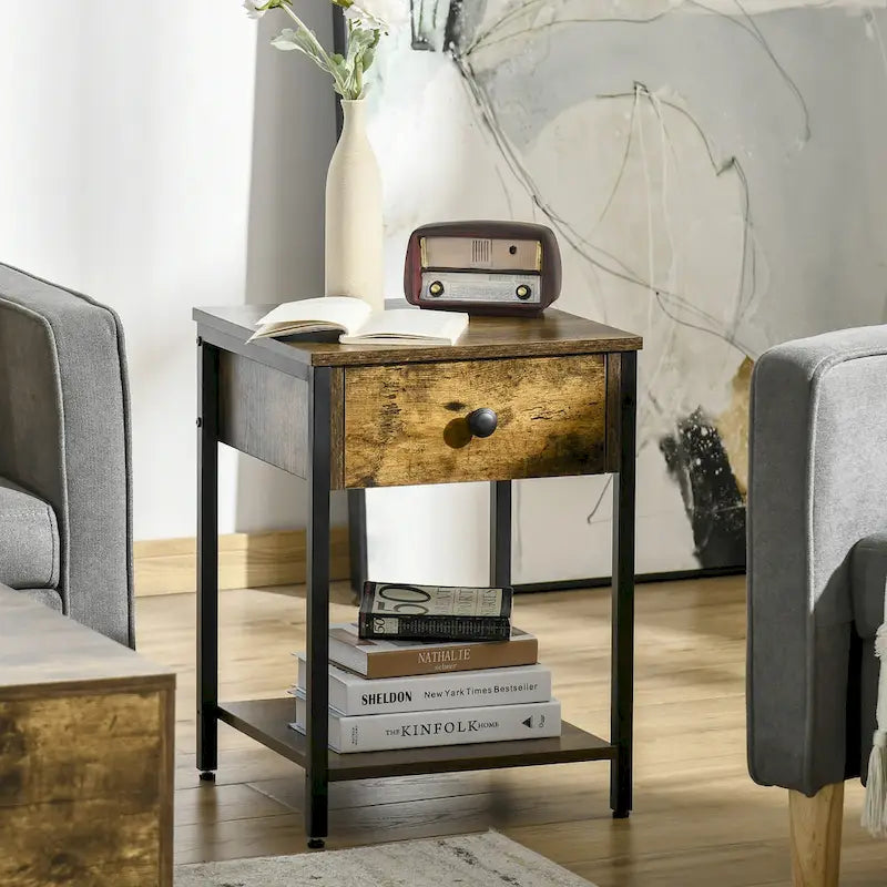 HOMCOM Industrial Side Table with Storage Shelf, Accent Table with Drawer for Living Room, or Bedroom, Rustic Brown