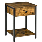 HOMCOM Industrial Side Table with Storage Shelf, Accent Table with Drawer for Living Room, or Bedroom, Rustic Brown