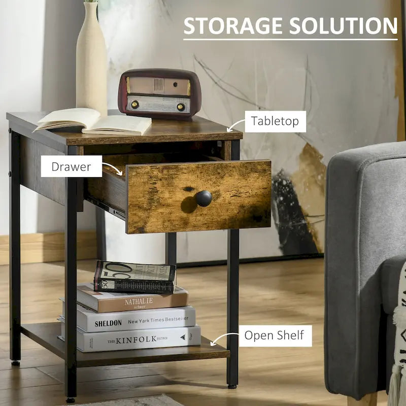 HOMCOM Industrial Side Table with Storage Shelf, Accent Table with Drawer for Living Room, or Bedroom, Rustic Brown