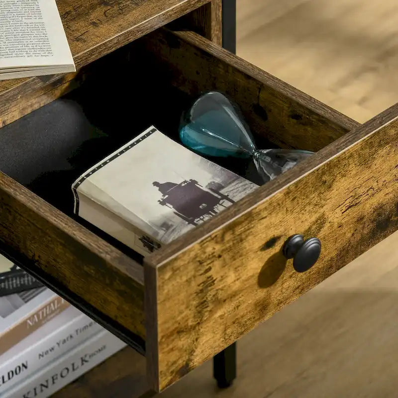 HOMCOM Industrial Side Table with Storage Shelf, Accent Table with Drawer for Living Room, or Bedroom, Rustic Brown