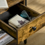 HOMCOM Industrial Side Table with Storage Shelf, Accent Table with Drawer for Living Room, or Bedroom, Rustic Brown